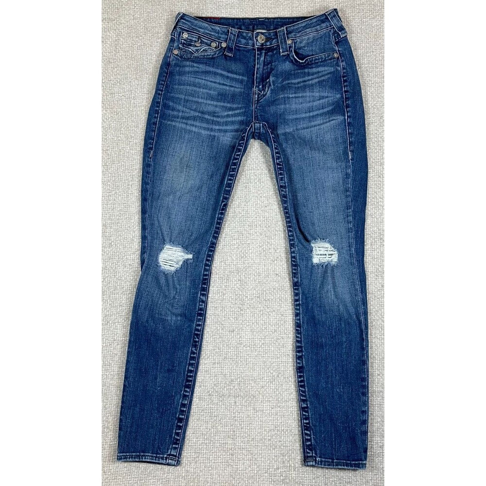 True Religion Curvy Skinny Jeans Women's 30 Blue Stretch Mid Rise Distressed